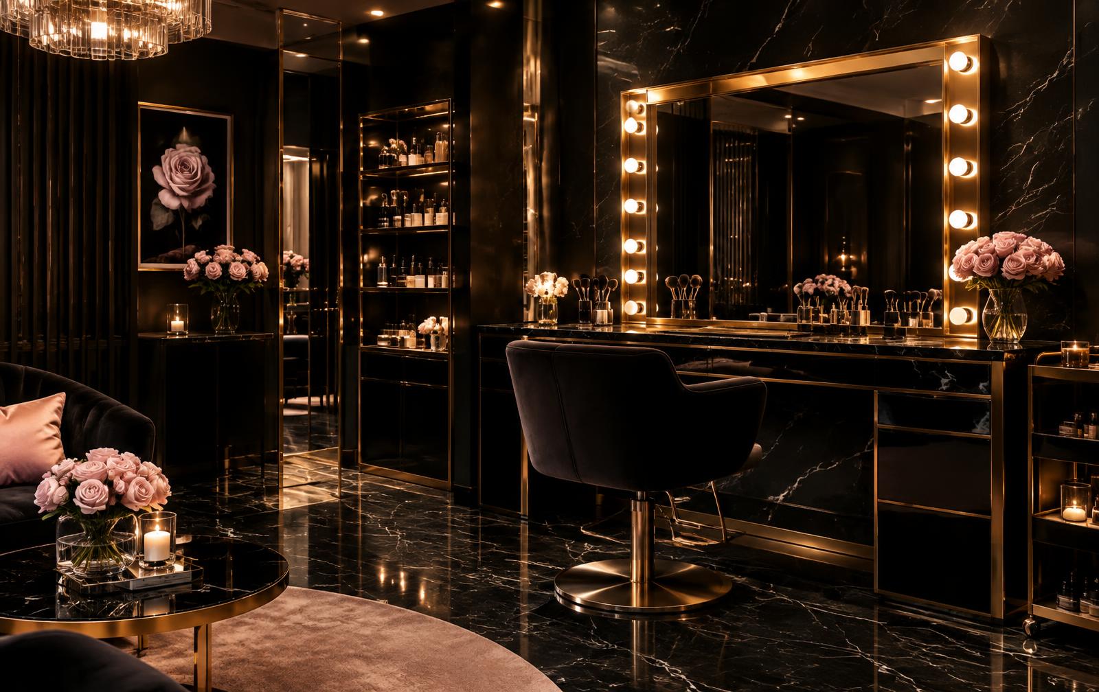 Interior elegante de estúdio de beleza em preto e dourado